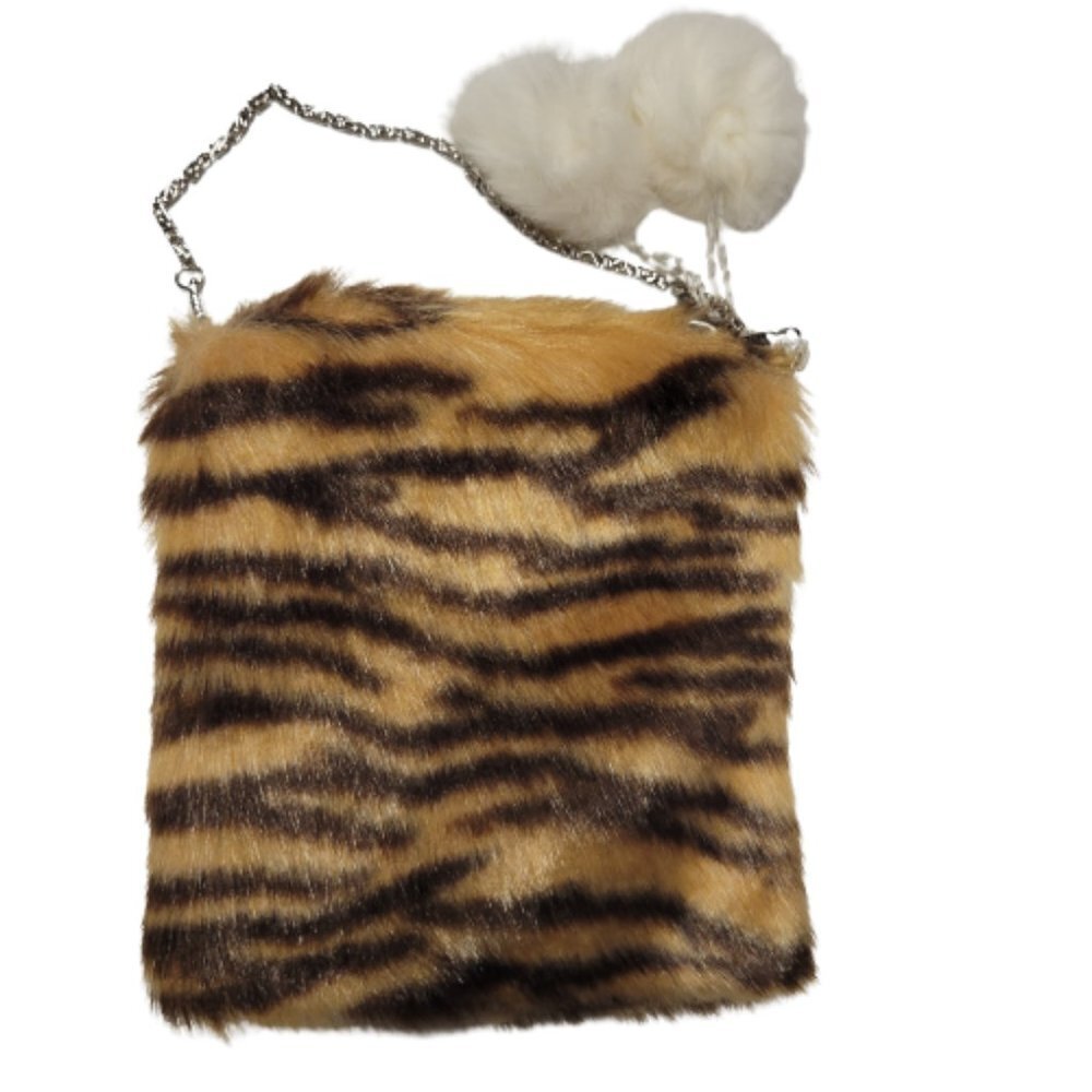 Fuzzy Animal Print Faux Fur Crossbody Mini Bag with Pom poms